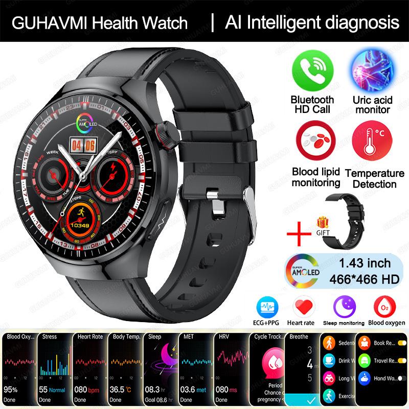 2025 Neue Smartwatch in Krankenpflegequalität Blutsauerstoff Blutfett Harnsäure EKG+PPG Körpertemperatur Bluetooth-Anruf Gesundheits-Smartwatch black-leather