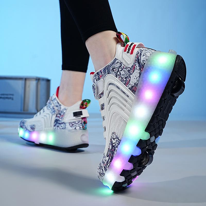 Runaway Shoes Doppelrad Jungen Rollschuhe Leuchtschuhe LDE-Lichter Studentenschuhe Outdoor-Sneaker Zusammenklappbar 40