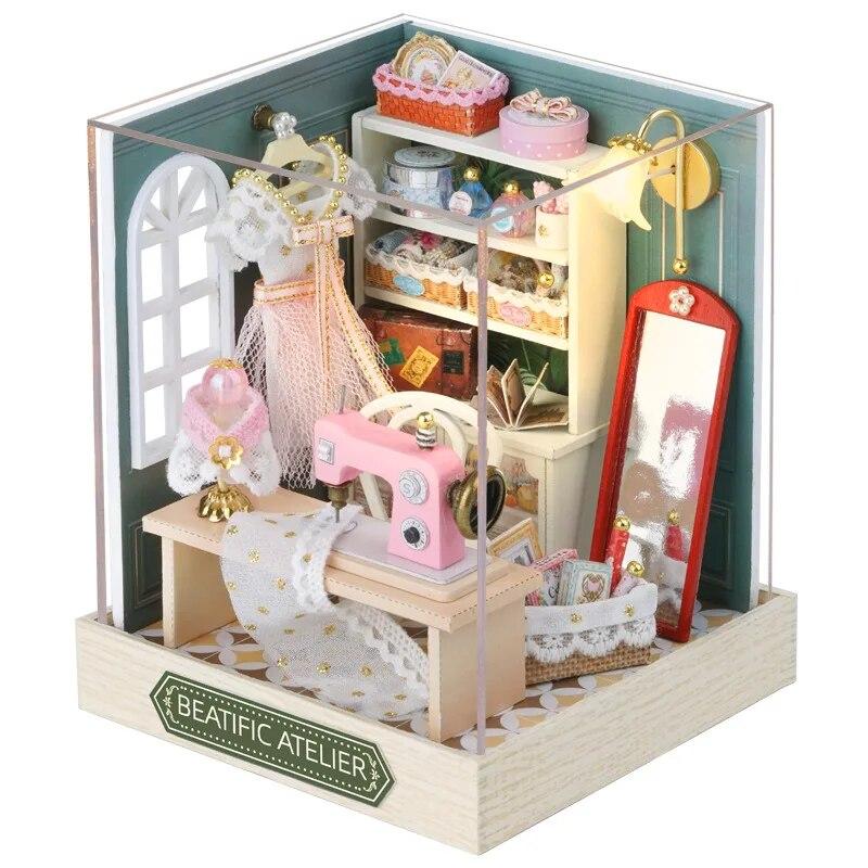 Mini-Miniatur-Puppenhaus, DIY-Set für kleine Häuser, Raumspielzeug, Heim-Schlafzimmer-Dekorationen mit Möbeln, Holz-Handwerk, Puppenhäuser QT-047