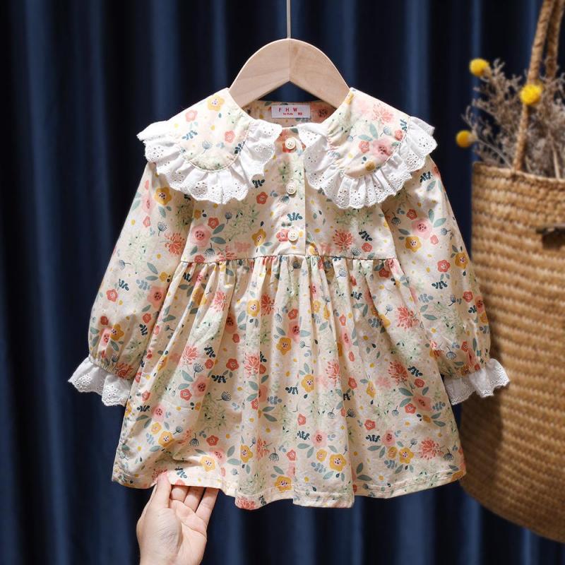 Frühling Nette Baby Mädchen Blumen Prinzessin Kleid Herbst Koreanischen Stil Langarm Peter Pan Kragen Kinder Mädchen Kleider 1-6Y 5T beige