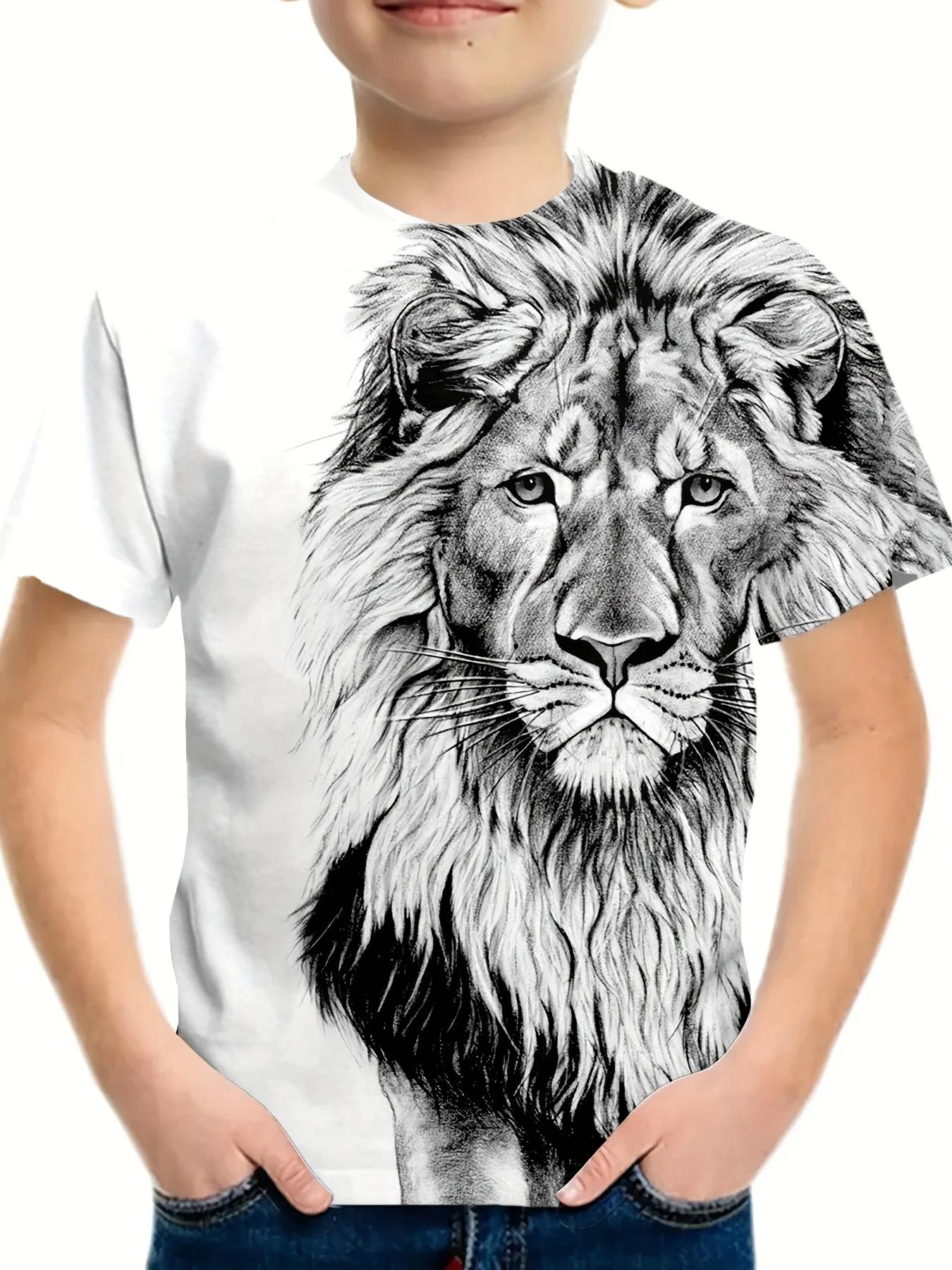 Jungen T-Shirt mit Löwe-Grafik, modische Kurzarmshirts, Jungen- und Mädchen-T-Shirt mit Cartoon-3D-Druck, Kinderbekleidung, Sommer-T-Shirts für Kinder 150 gray