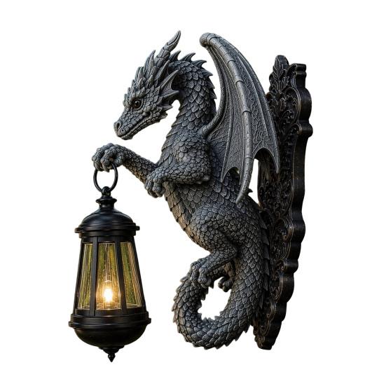 DYS Solar Drachen Wandleuchte, Vintage Harz Außen Skulptur Lampe, Wasserdichte Gotische Gartenlaterne für Zaun Hof, Halloween Dekoration 1pc