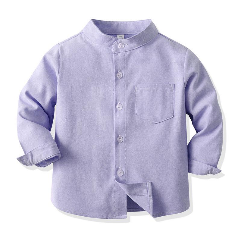 Frühlingshemd für Jungen im koreanischen Stil, einfarbig, Stehkragen, lange Ärmel, einreihig, vielseitige Baumwollstrickjacke, Kinderbekleidung, Hemd 130cm violett