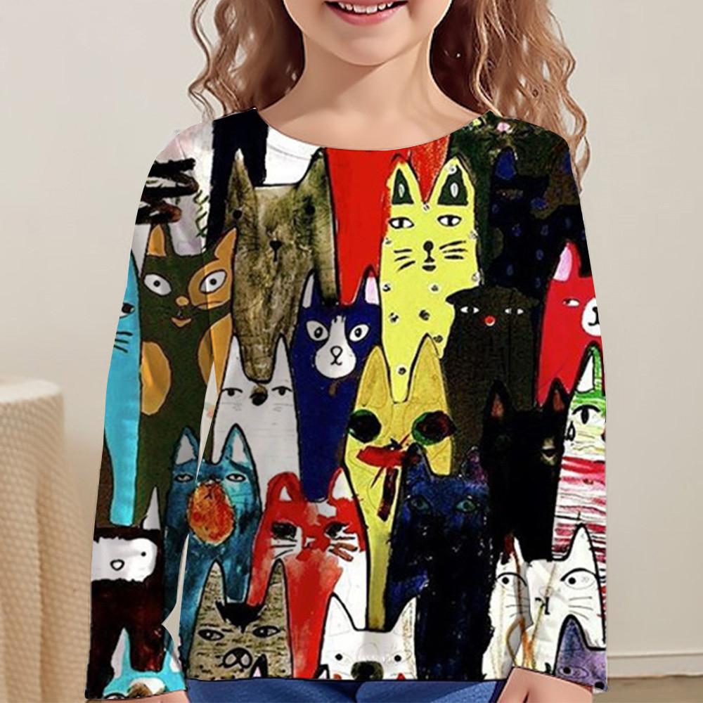 Kinderbekleidung für Mädchen Cartoon T-Shirts für Kinder 2023 Herbst Langarm Teenager 10 Jahre alt Mode Tops Katzen T-Shirt 150 brown