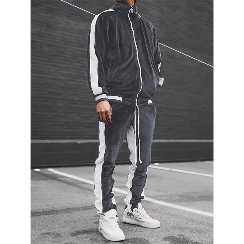 Herren Samt Sportanzug Herbst- und Winteranzug 2-teilig Jacke mit Reißverschluss Jacke Hose Sportliche Übung Freizeit M grau