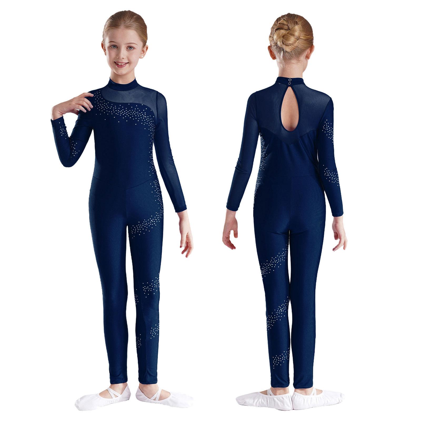 Kinder Mädchen Strass Langarm Ganzkörper Jumpsuit Strampler Turnanzug Unitard für Ballett Tanz Gymnastik 7-8 Years navy blau