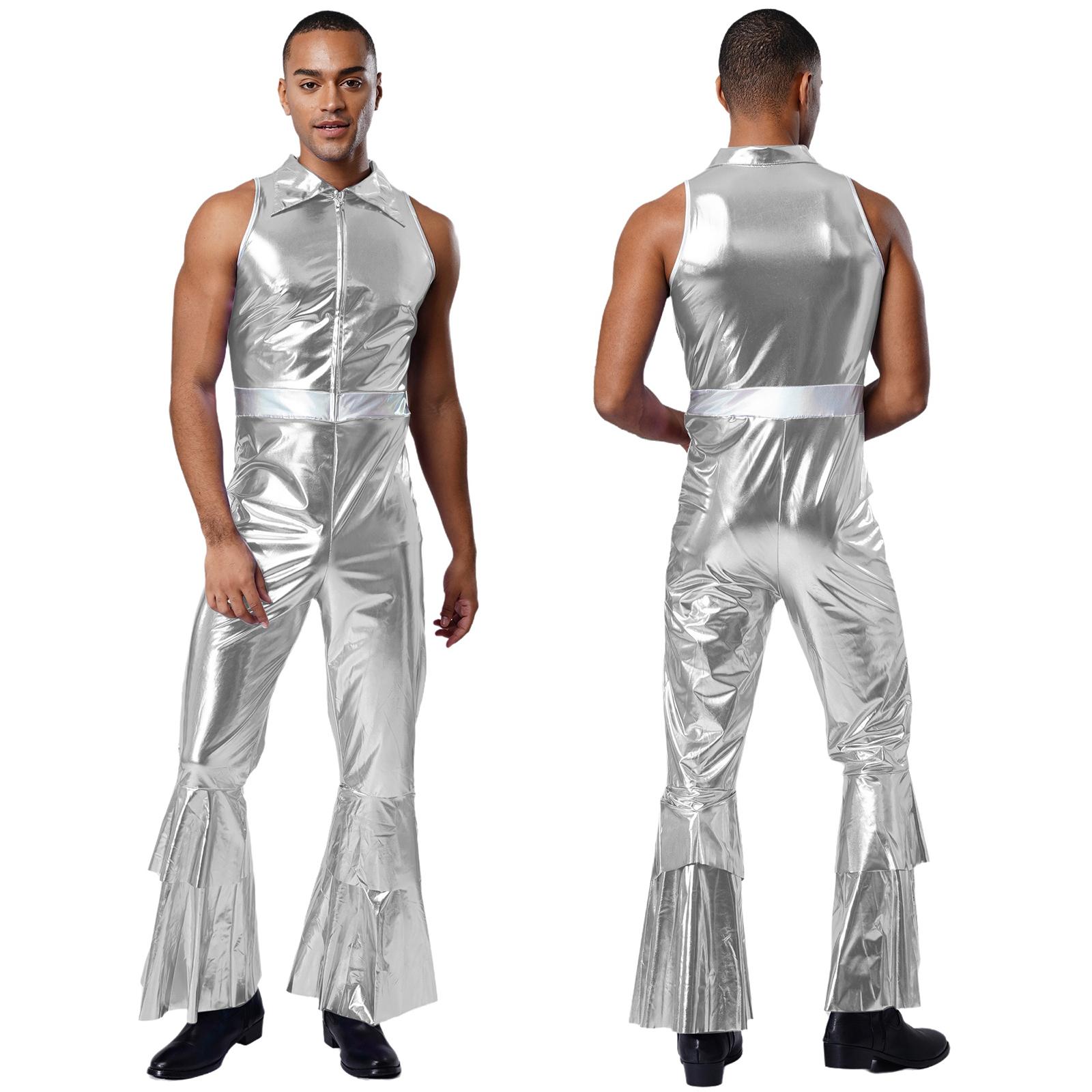 Herren 70er Jahre Disco Kostüm Reverskragen Ärmellos Hohe Taille Schlaghose Jumpsuit Tanz Sänger Kostüm XL silber