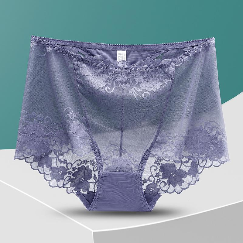 Hohe Taille Spitzenhöschen Frauen Hosen Sexy Hohl Blumen Dessous Weibliche Mesh Atmungsaktive Slips Dessous XL graue/violett
