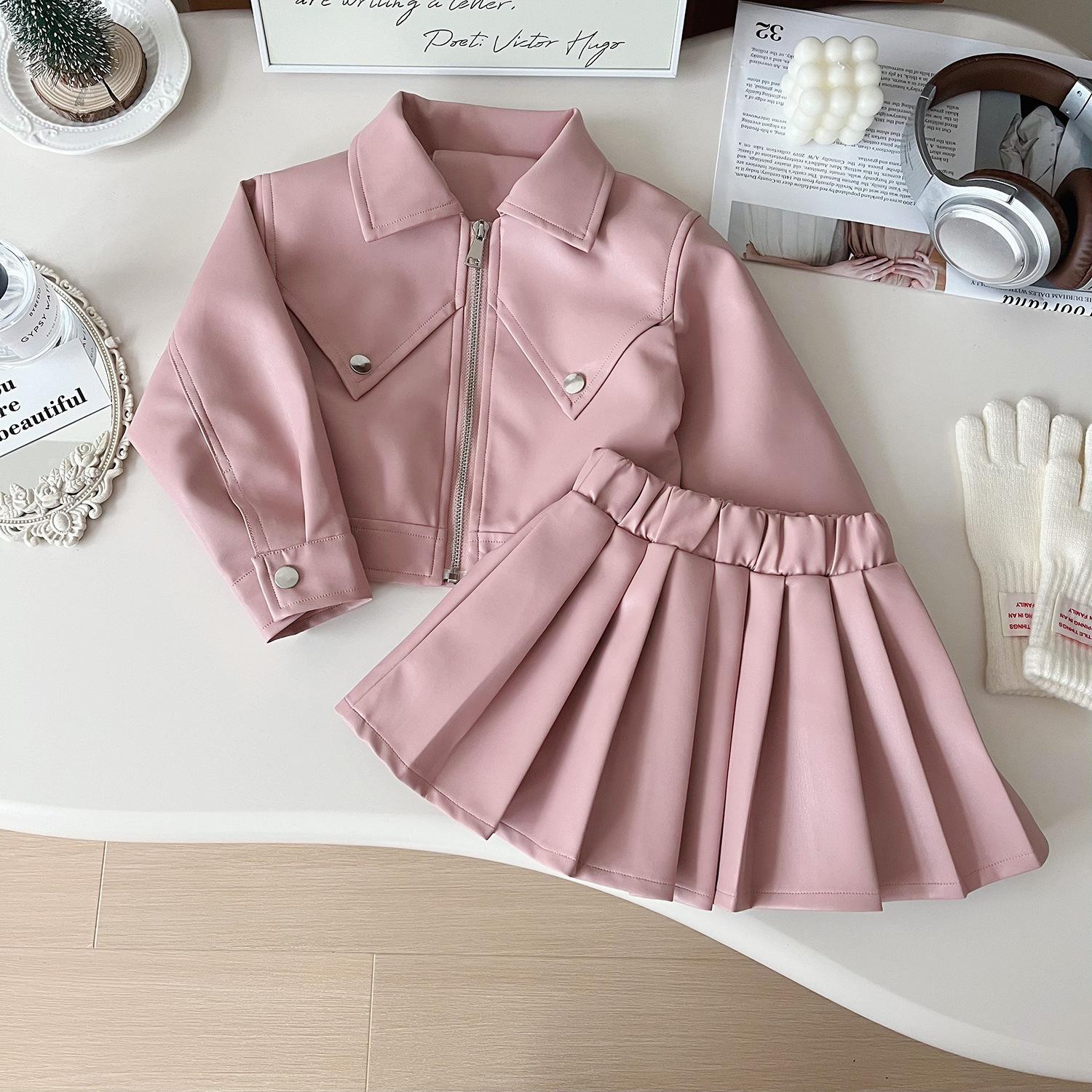 Zweiteiliges Set für Mädchen Hübsches Revers Einfarbiges Leder-Top + Einfarbiger Leder-Faltenrock Kinderkleidung Mädchen Kleinkindmädchenkleidung 120cm rosa