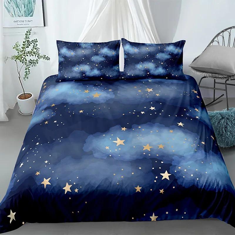 Sterne Bettwäscheset Nachthimmel Mädchen Jungen Bettbezugset Dunkelblau Heimtextilien Galaxie Bettwäsche Männer Frauen Weicher Steppdeckenbezug US Queen(228x228cm
