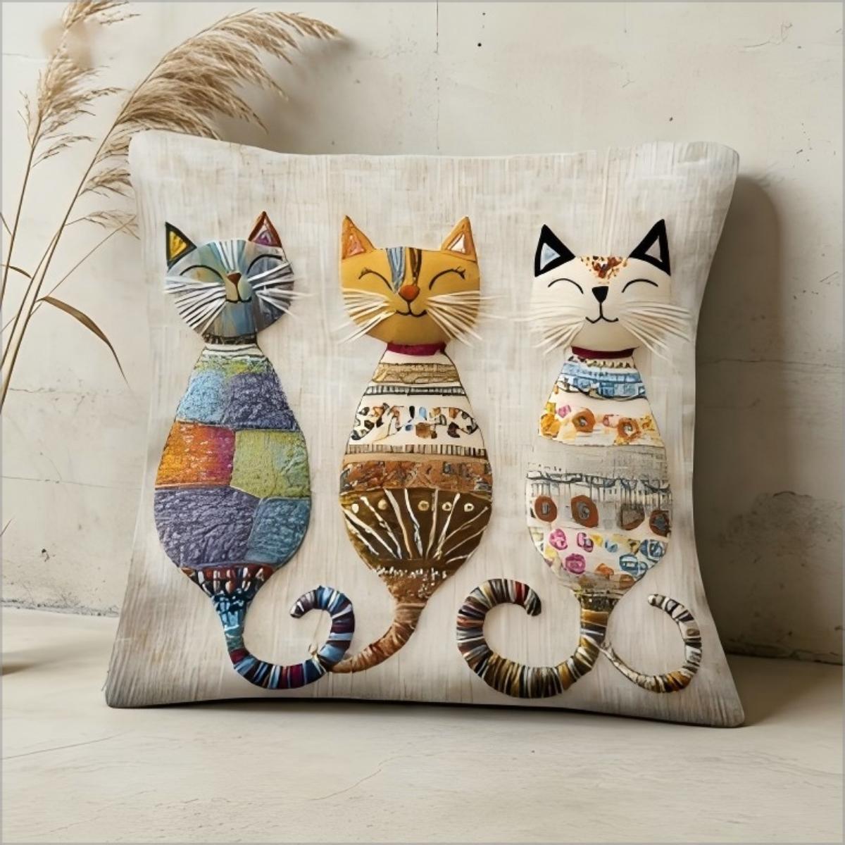 Bunte Drei-Katzen-Kissenhülle Boho-Druck Kissenbezug Skurriles Katzen-Trio Katzenliebhaber Sofa Wohnzimmer Geschenk Short plush 60*60(CM)-1Pcs