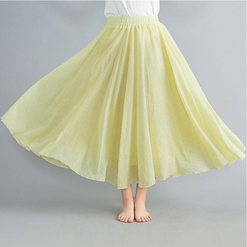 Sommer Herbst Damen Rock Literarisch Große Baumwolle Leinen Halbrock Elastische Taille Leinen A-Linie Rock Langer Abschnitt Reine Farbe Wind Swing Rock M gelb