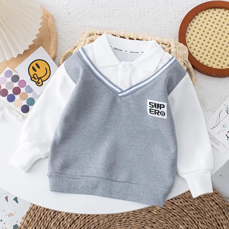 Frühlings- und Herbstpullover für Jungen, Poloshirts für Kinder, gefälschte zweiteilige Babykleidung 120 grau