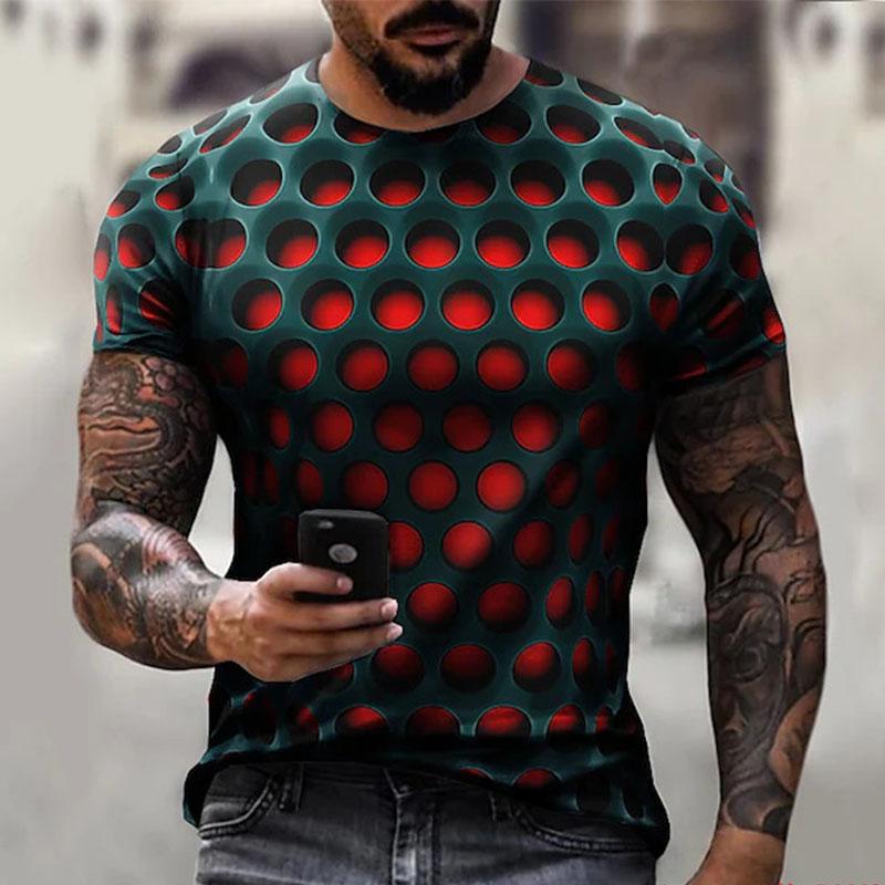 Herren T-Shirt 3D-Druck Optische Täuschung Übergröße Kurzarm Casual Tops Polyester Mode Streetwear Übertrieben Cool Rundhals 2XL rot