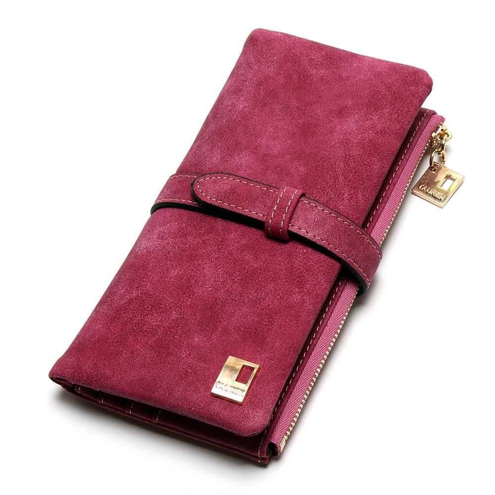 Damen-Geldbörse, Vintage-Stil, solides, langes Nubuk-Mattleder, Geldscheinklammer, Clutch, Marken-Designer-Geldbörsen rose rot