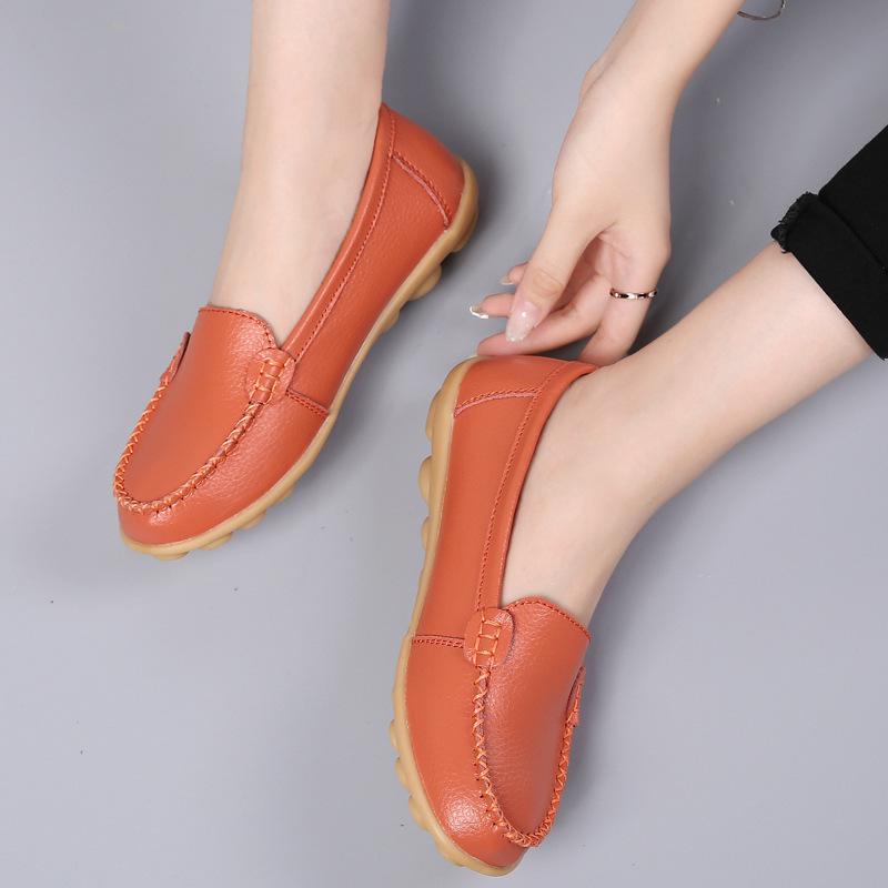 Frühling und Sommer Rindsleder Mutter Schuhüberzug Fuß Flachmund Schuhe Kuh Sehnensohle Loafer Schuhe Low Top Krankenschwester Schuhe Freizeit Bean Schuhe 40 orange