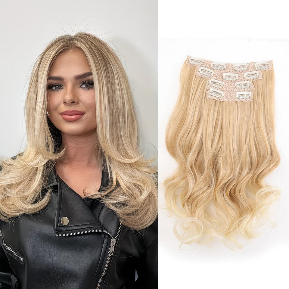 4 Stück Clip-In Haarverlängerungen Unsichtbar Dick Synthetisches Haar Clip-Extensions für Frauen Weich und Einfache Installation Haarteil Clip 35CM beige