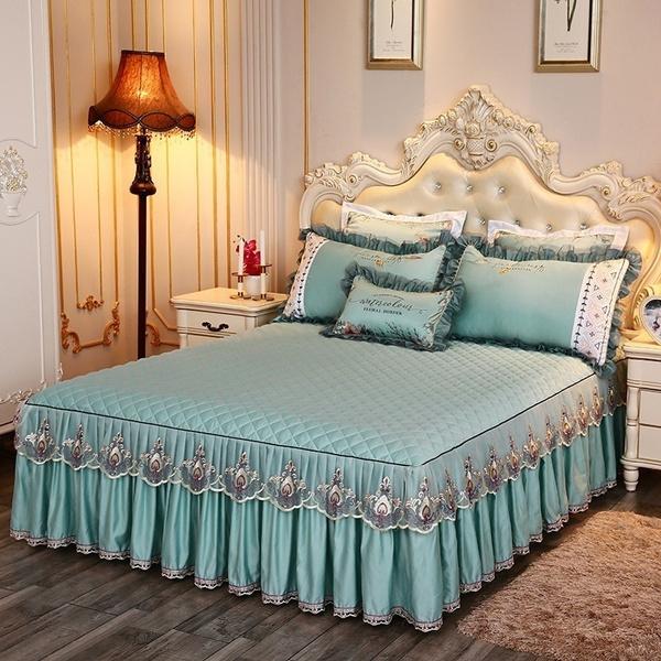 Bettwäsche-Sets Textil Prinzessin Spitze gesteppte Bettdecke Tagesdecke Polyester-Baumwolle Luxus-Bettdecke Röcke Tagesdecke Polyester-Baumwolle Skirt sheet 180x200cm hellgrüne