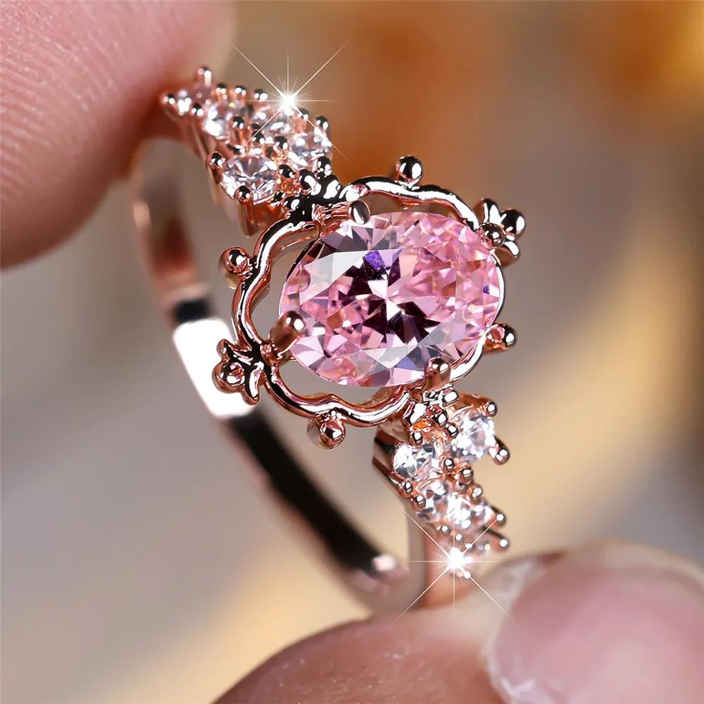 Luxus Kristall Rosa Zirkon Oval Stein Blume Ringe für Frauen Vintage Rose Gold Farbe Hochzeit Band Braut Schmuck Engagement Geschenk 10 rosa/rose gold