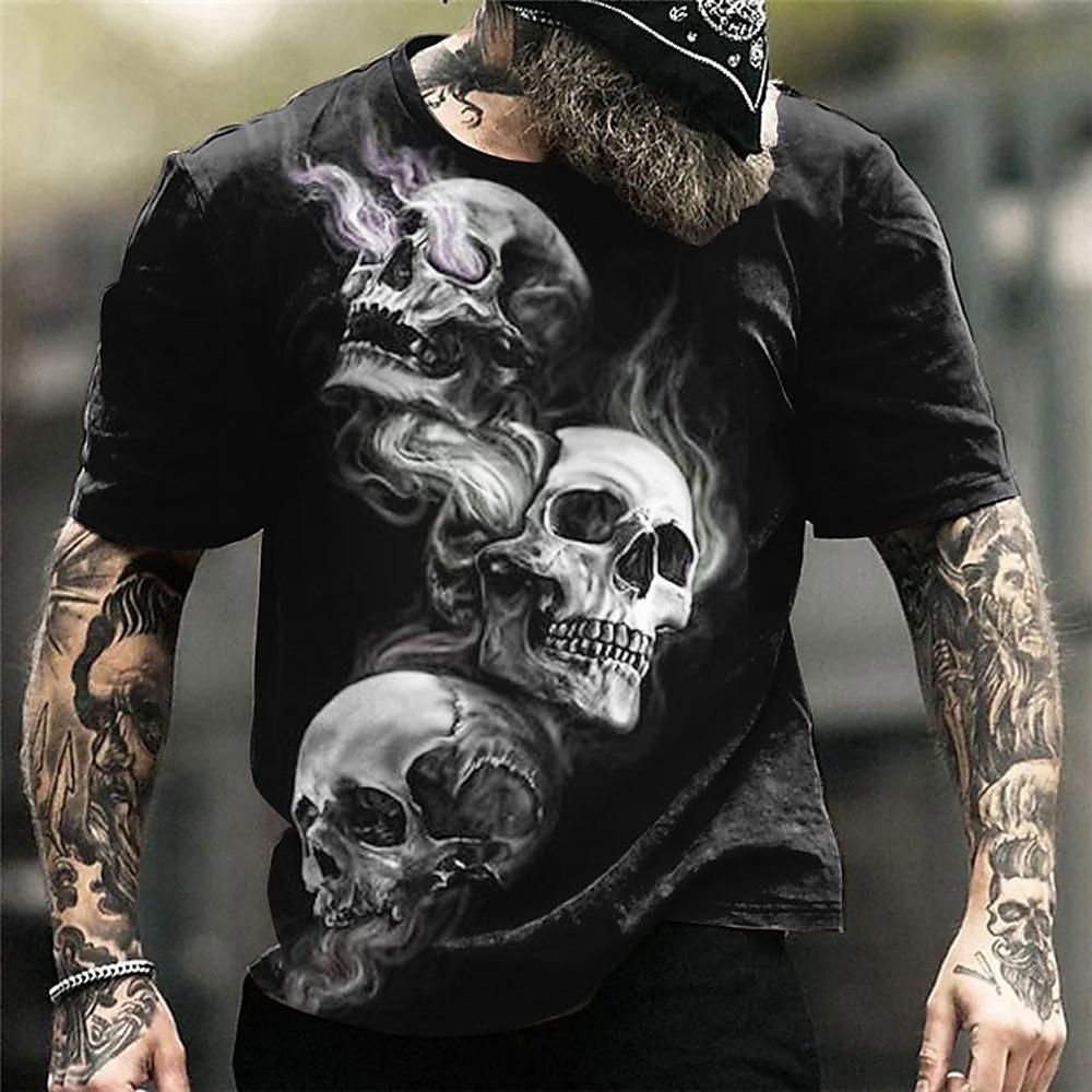 T-Shirt in Übergrößen (XXS-6XL) für Herren, lässiger Vintage-Stil mit 3D-Totenkopf-Print, Kurzarm, Sommer-Oberteil, Outdoor-Bekleidung für Herren. L gray