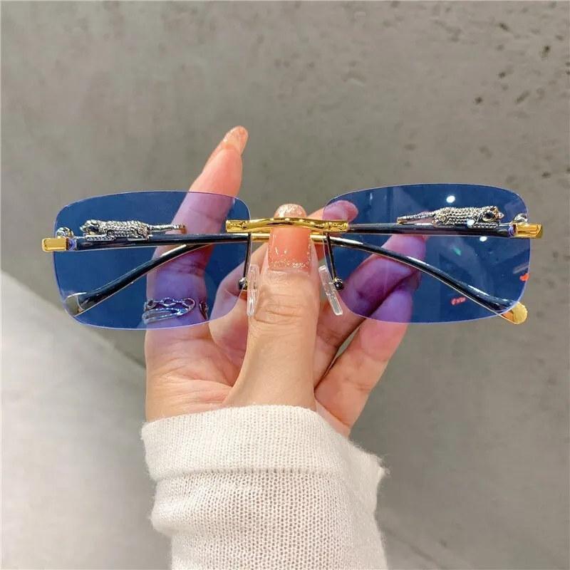 Vintage-Sonnenbrille, randlos, Cut-Edge-Sonnenbrille, modische Designer-Sonnenbrille, luxuriöse Sonnenbrille mit goldenem Leopardenrahmen, UV400 1 PCS blau