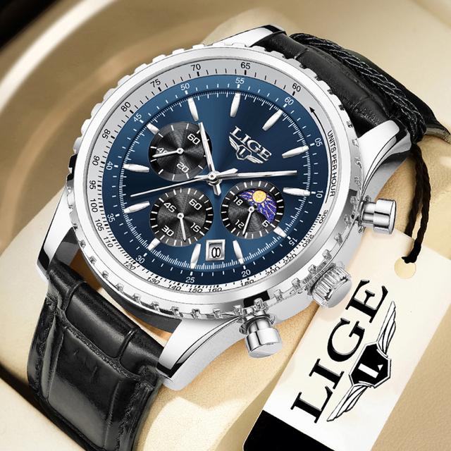 LIGE Neue Herrenuhren Top-marke Luxus Männer Armbanduhr Leder Quarzuhr Sport Wasserdicht Datum Chronograph blau/silber