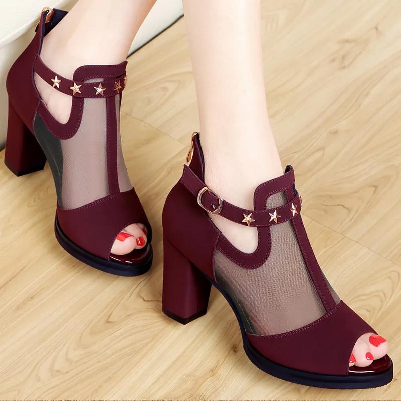Sommer Damen Sandalen Mode Fischkopf Mesh Sandalen Sommer Casual Keilabsatz Offene Zehen Sandalen 35 bordeaux