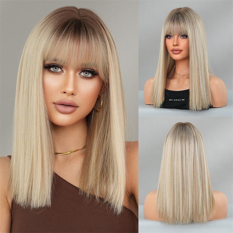 Lange Ombre Blonde Perücken für Frauen Synthetisches Haar Gerade Perücke mit Pony Cosplay Perücken Drag Queen Party Anime Film Kostümperücke