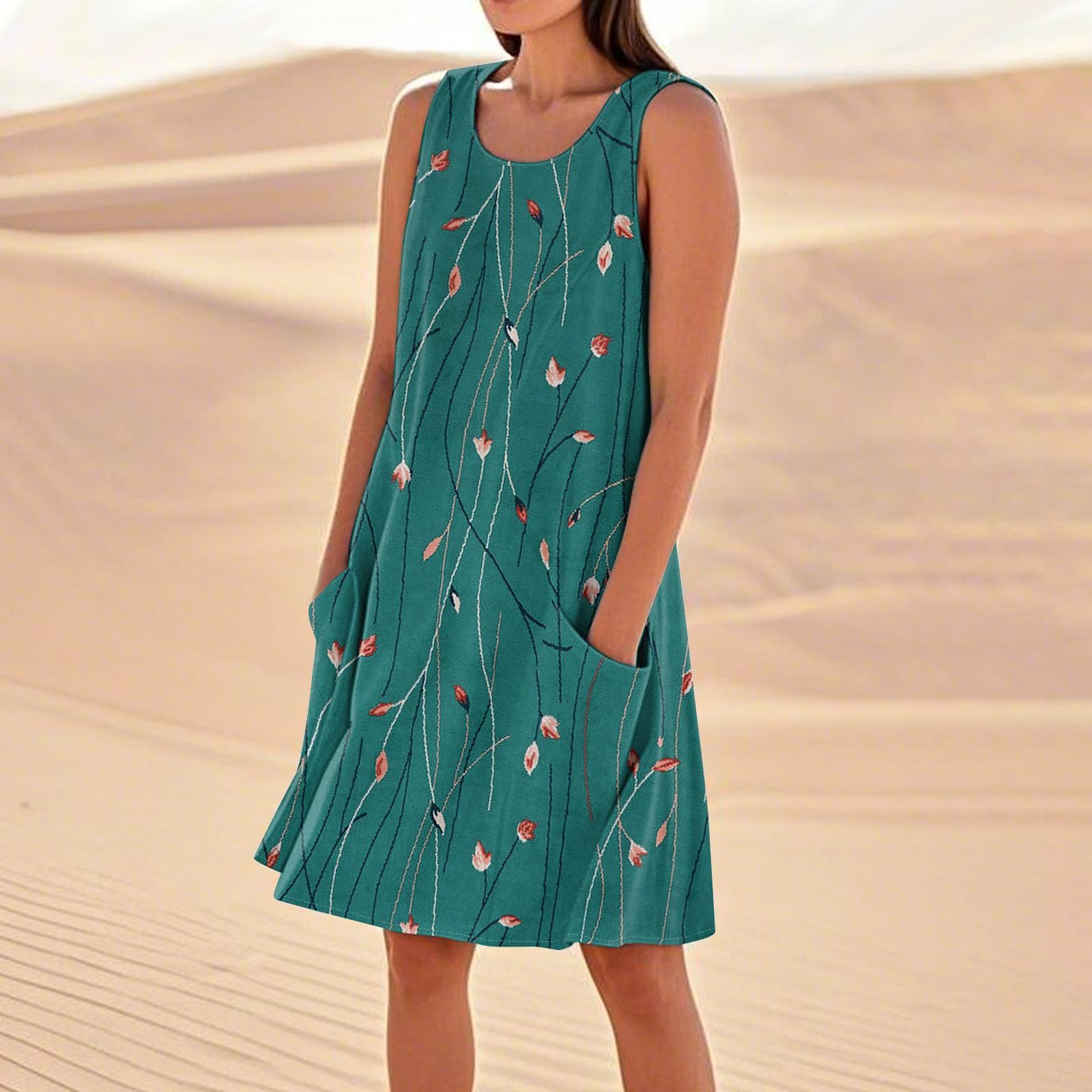Sommerkleider für Damen, lockerer Strandurlaub, lässig, ärmellos, Sommerkleider mit Taschen, Tankkleid S grün