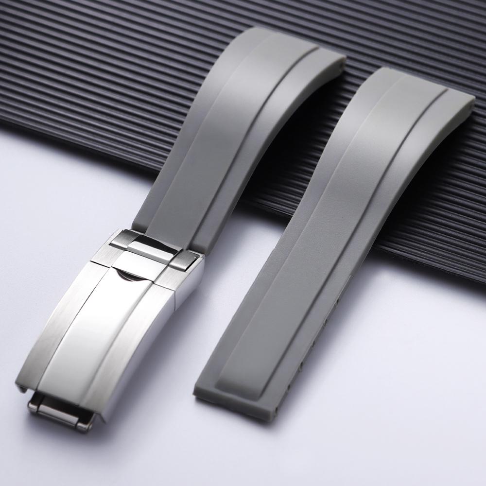 Für Rolex Silikon Uhrenzubehör für GMT Submariner Grün Schwarz Uhrenarmband Flache Schnittstelle Armband 20mm Faltschließe 20mm&Black Buckle grau