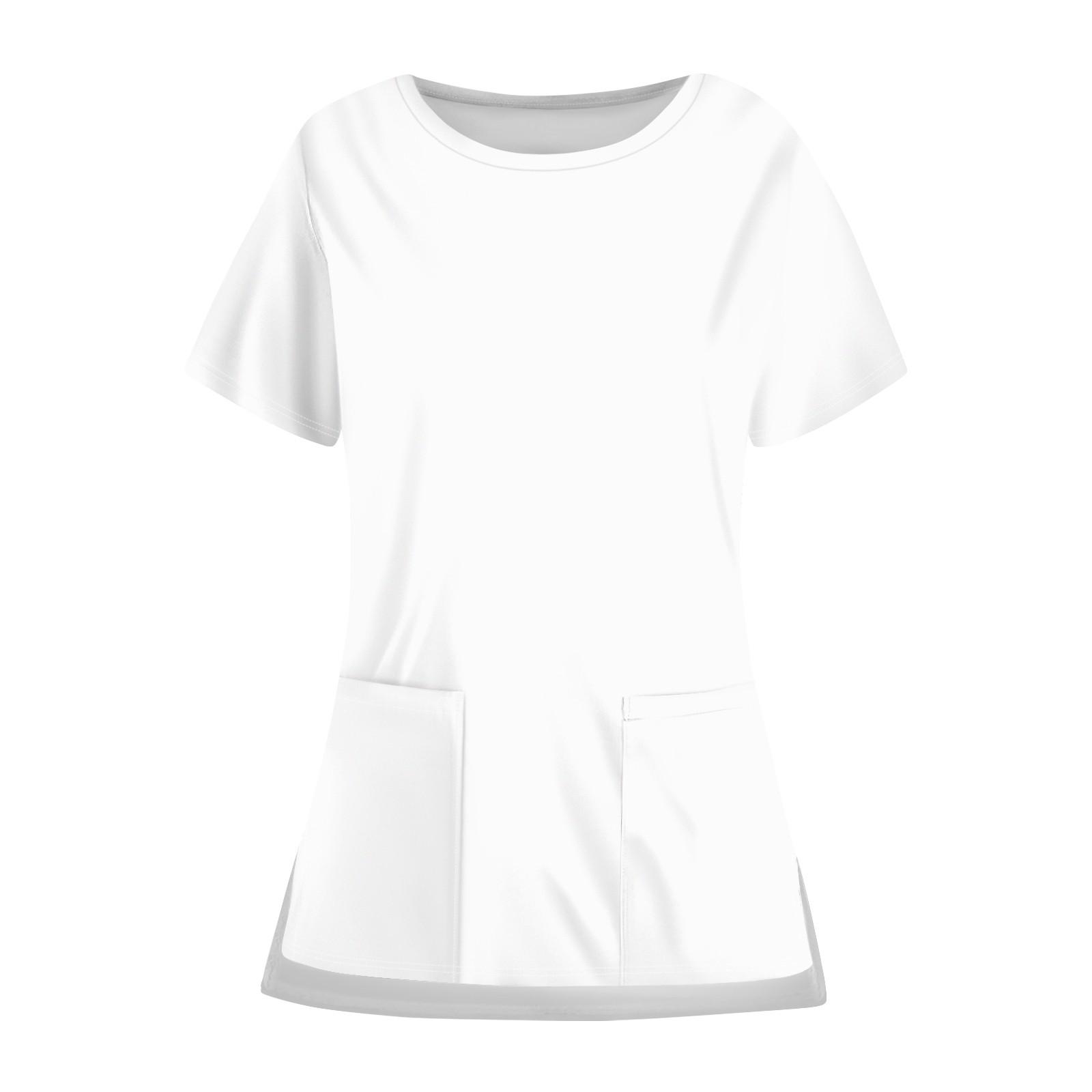 Lässige Damen-Uniform mit Rundhalsausschnitt, einfarbiger Tasche und offenem Saum, schützendes Arbeitsuniform-Oberteil M weiß