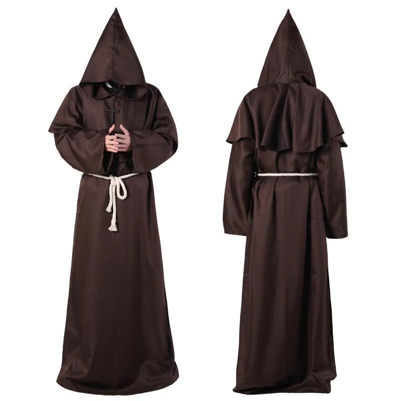 Zauberer Kostüm Cosplay Mittelalter Mönch Mönch Robe Priester Kostüm Antike Kleidung Christlicher Anzug M braun
