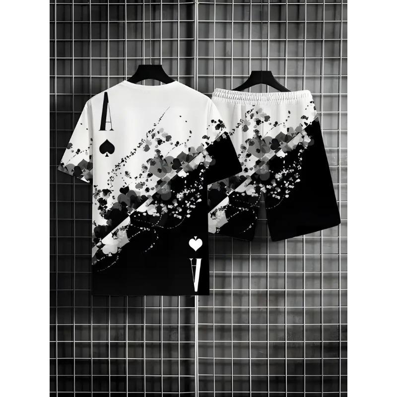 Sommer Herren Zweiteiliger Anzug Kurzarm T-Shirt Shorts Anzug Herrenmode Kleidung Poker Druckmuster Lässige Sportbekleidung XXL black
