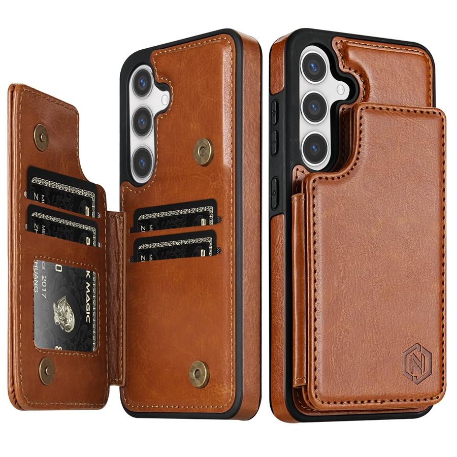 Brieftasche, einfarbig, magnetische Doppelschnalle, RFID-Sperrkarte, Ledertasche für Samsung Galaxy S24 Ultra S23 FE S22 Plus S21 S20 Samsung S21 braun