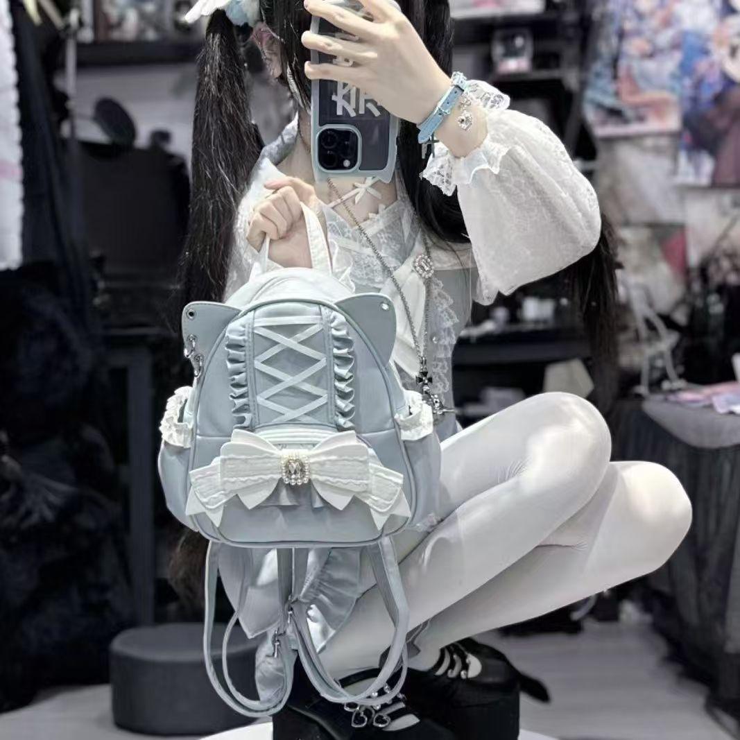Damen Lolita Schwarz Rosa Süßer Japanischer Spitzenbogen Katzenohr Rucksack Student Niedlich Leder Schultertasche Schultaschen One size blau