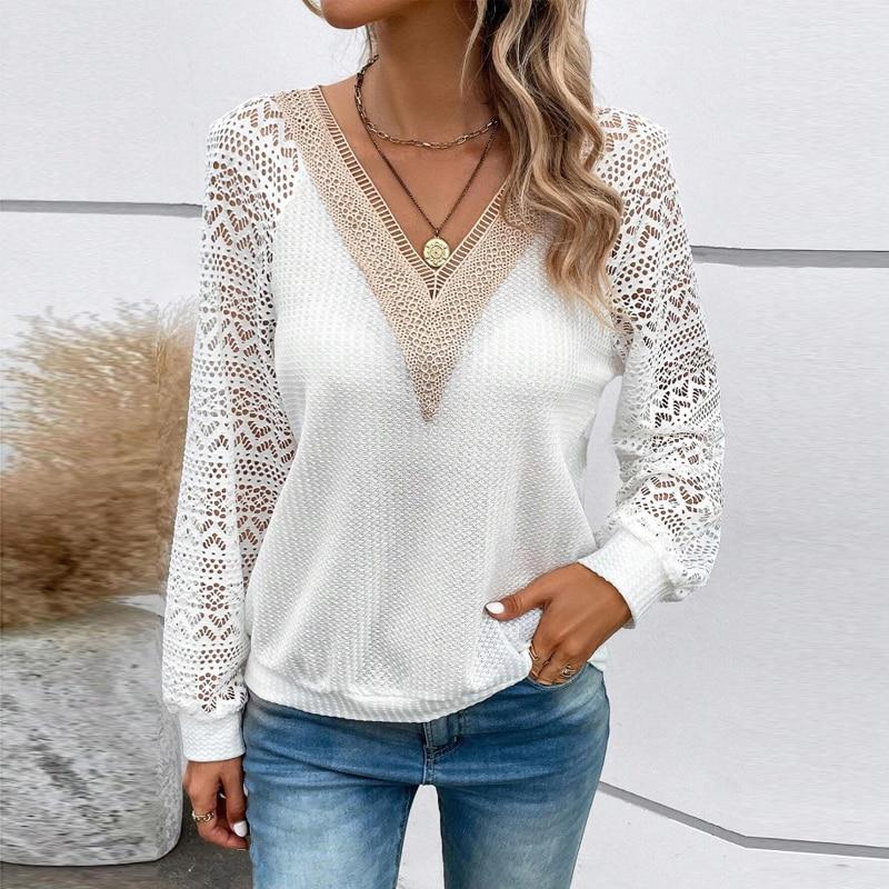 Elegante Mode Aushöhlen Bluse Herbst Langarm Hemd V-ausschnitt Spitze Gespleißt Hemd Bluse Lässige Weiße Bluse Lose Tops 28410 XL weiß