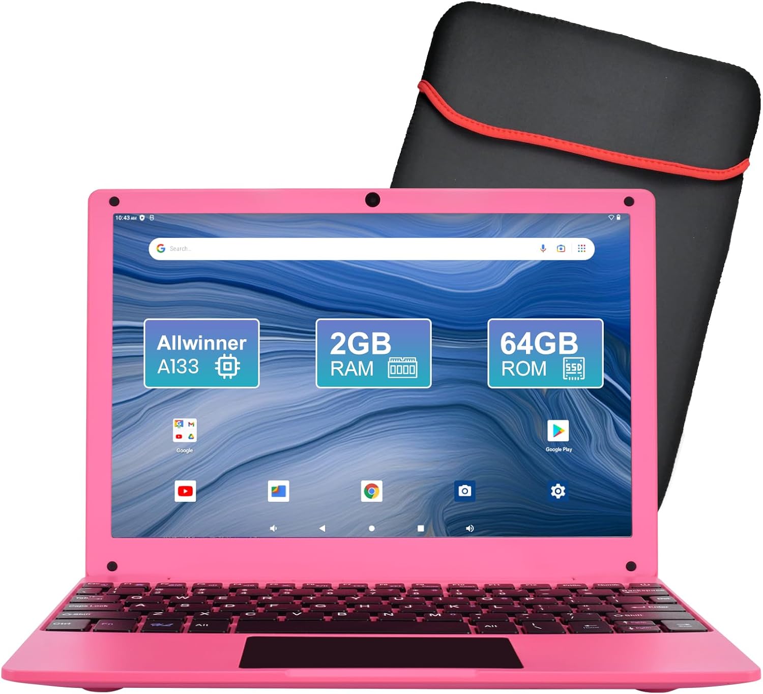 10,1-Zoll-Laptop mit Quad-Core-Prozessor und Android 12, 2 GB RAM, 64 GB ROM, integrierter Kamera, WLAN, USB-Schnittstelle, Tpye-C-Aufladung für Lernen und Unterhaltung 10.1 inch rosa
