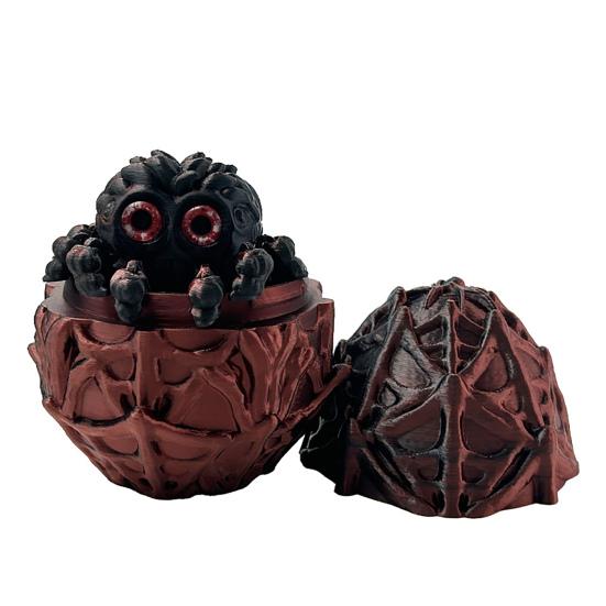 Halloween 3D-gedruckte Spinnenei-Figur Bewegliche Gelenke Spinnenfigur Fidget-Spielzeug Spinnenei mit beweglicher Spinne innen Dekoration Ornament schwarz rot