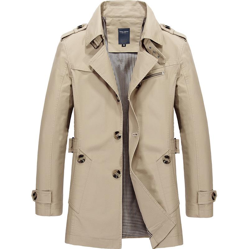 Herrenmode Langer Trenchcoat Langärmliger Baumwoll-Freizeit-Business-Jacke XL helle khaki