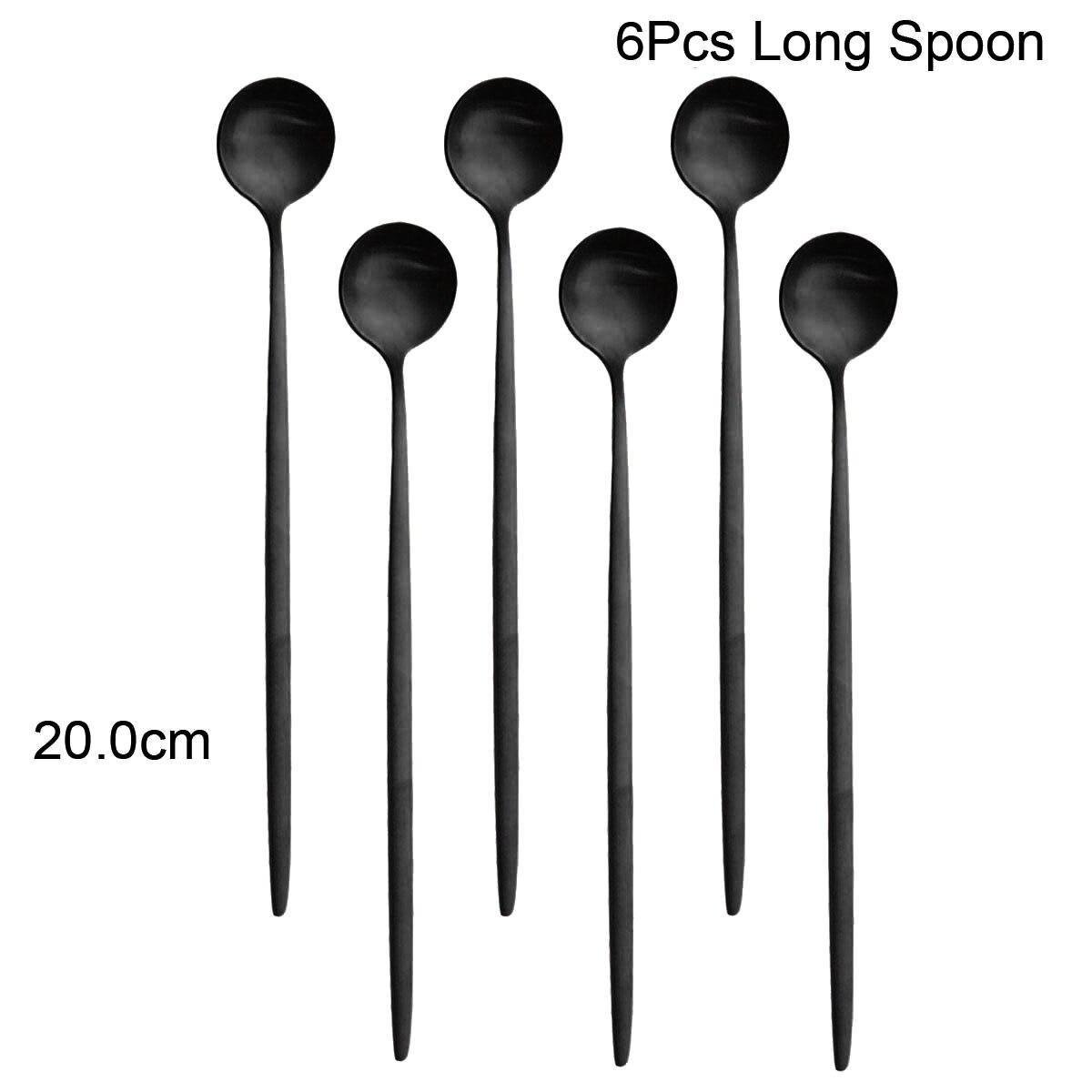 6Pcs Schwarz Besteck Set Matte Geschirr Set Messer Gabel Löffel Geschirr Kuchen Obst Gabel Edelstahl Besteck Küche 6pcs long spoon schwarz