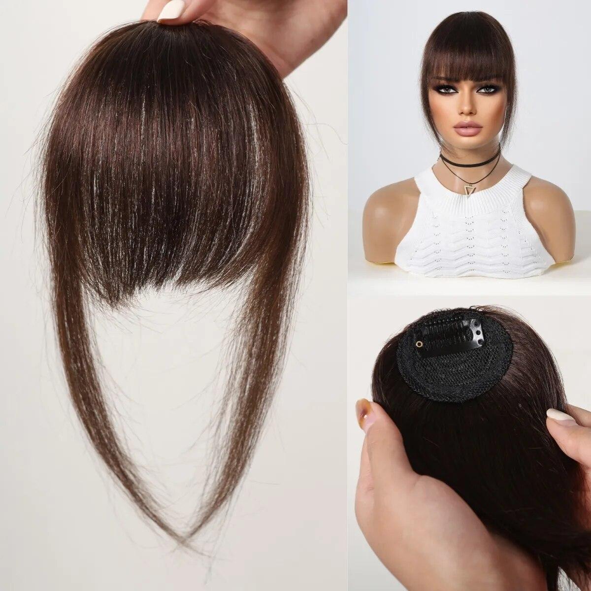 HAIRCUBE 100 % Echthaar-Pony-Overhead-Clip-in-Haarverlängerungen, braune Naturhaare, zarte Pony-Fransen-Haarteile für Frauen in Air Bangs