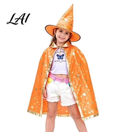 Sternenmuster Zauberer Kleidung Kinder Umhang mit Hut für Jungen Mädchen Halloween Hexenmuster Umhang Kostüm Requisite Party Cosplay Outfit Kostüm Fotoshootings orange