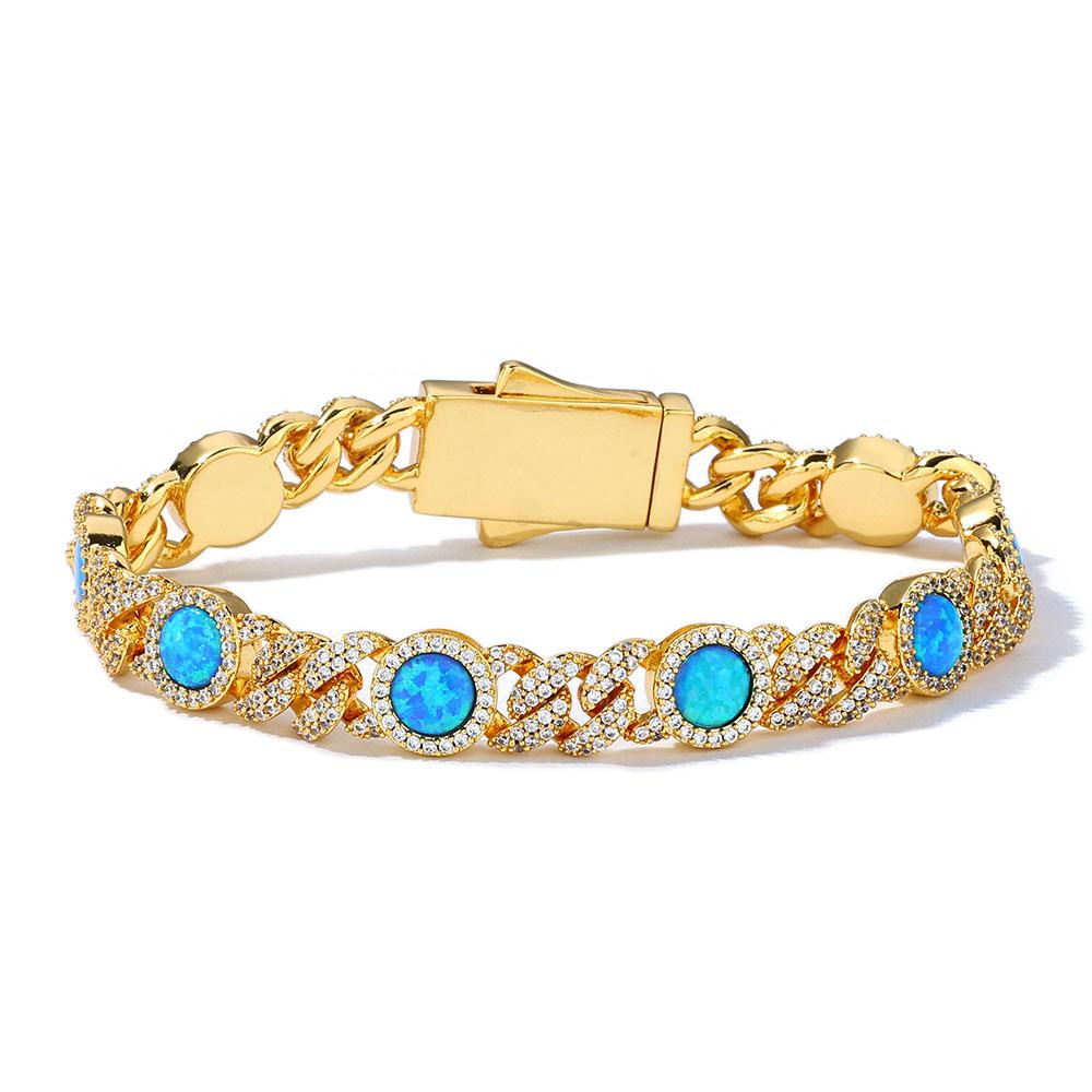 Hip-Hop-Schmuck 8 mm breite blaue Opal-Panzerkette Messing glitzernde Federverschluss-Panzerkette, geeignet für Männer und Frauen 7 inch(17.78cm) beige