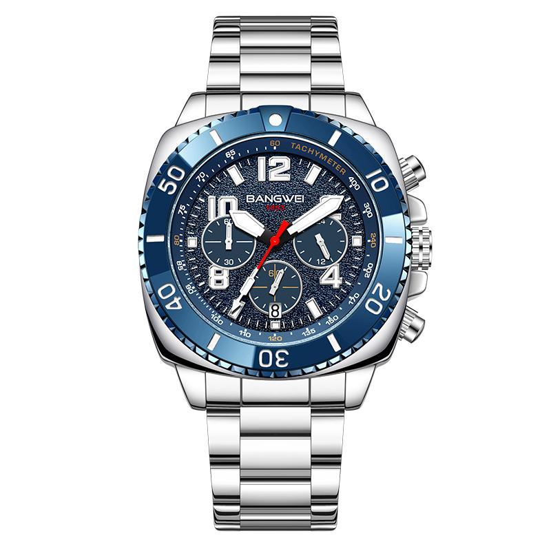 BANGWEI 2025 Mode Herrenuhren Wasserdicht Leuchtend Chronograph Sport Herren Quarz Uhr blau