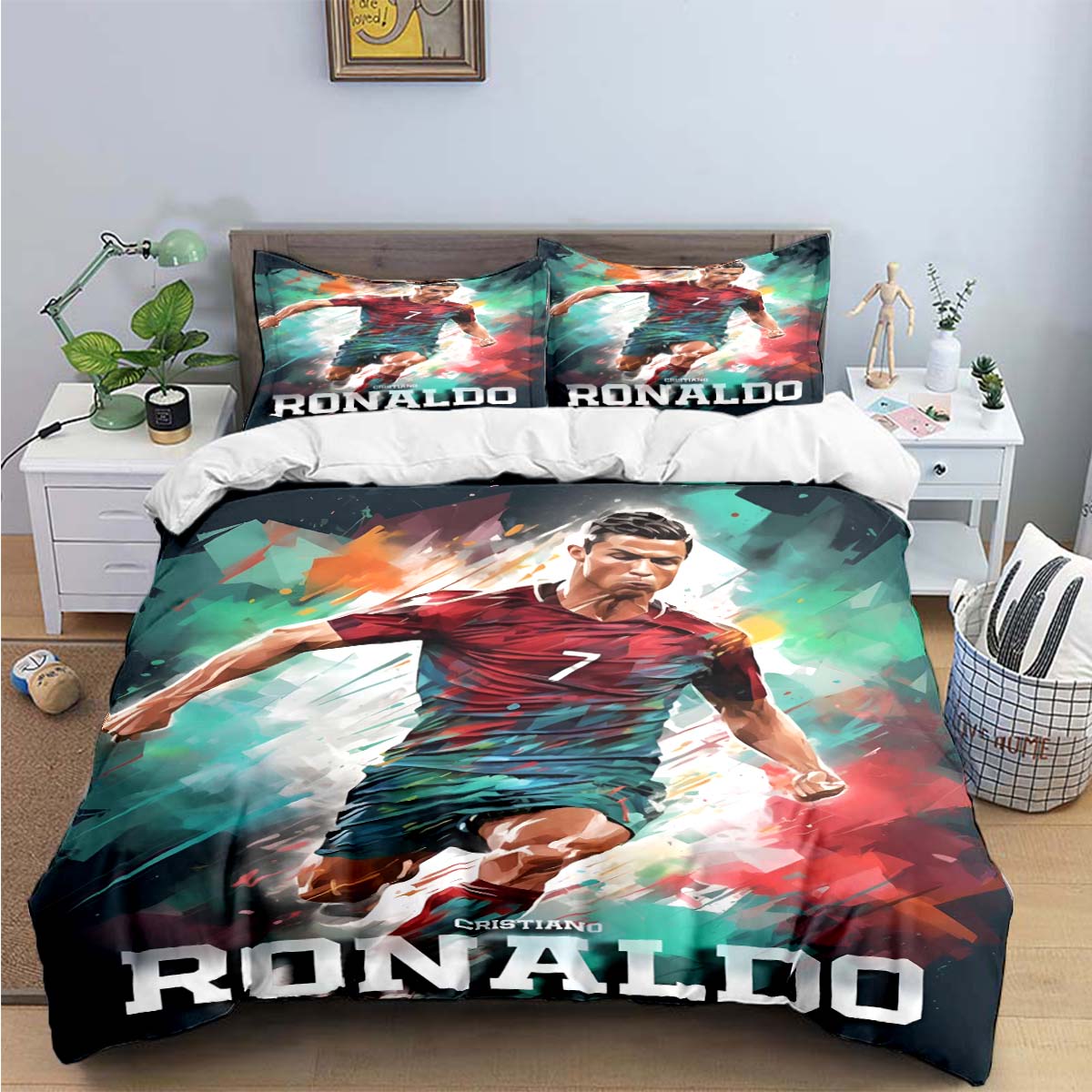 Modischer Fußballstar R-Ronaldo Aufdruck Bettwäsche Set Bettbezug Decke Bett Jugend Kinder Mädchen Jungen Luxus Geburtstagsgeschenk 180*220cm 3pcs