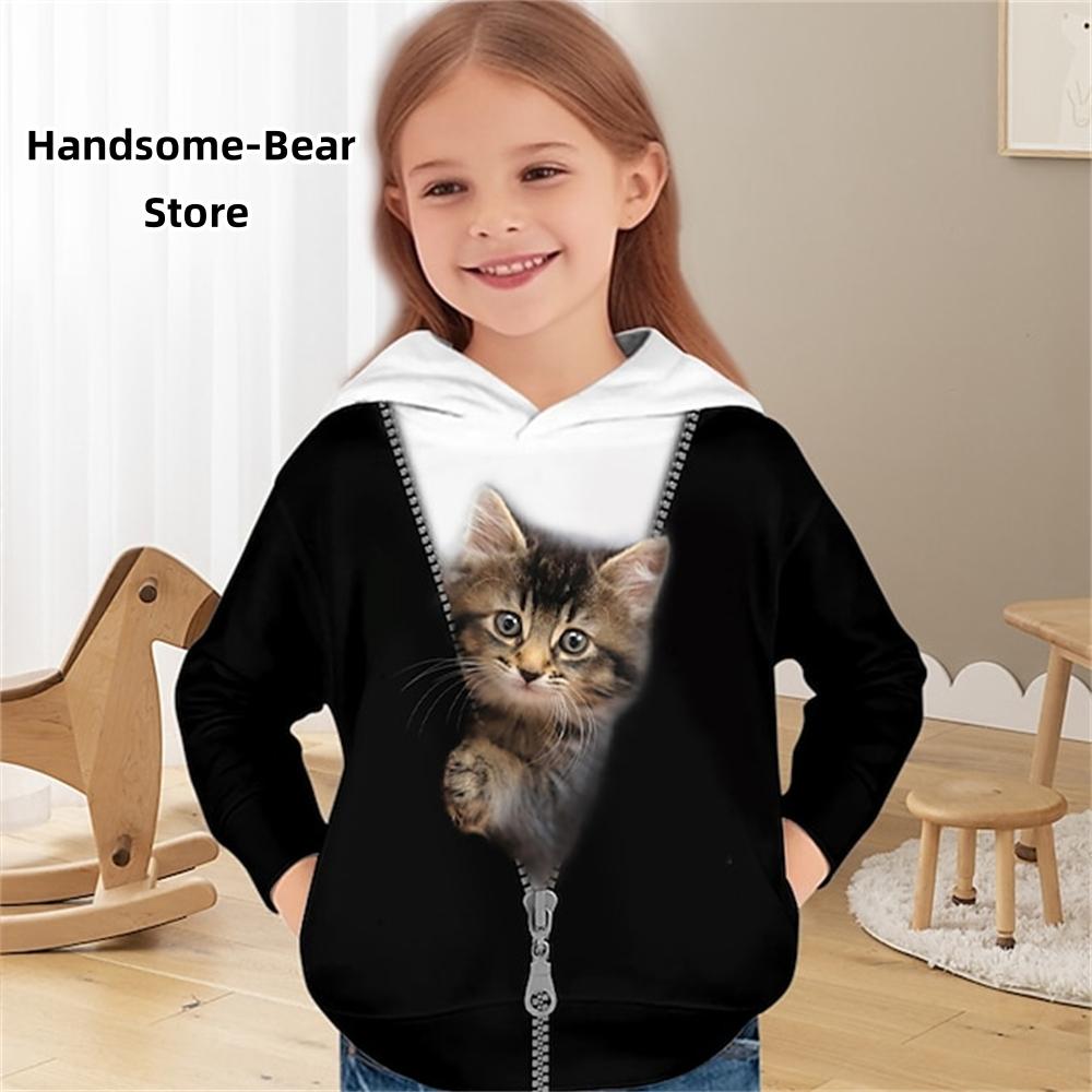 Mädchen 3D Katzen Kapuzenpullover Pullover Langarm 3D Druck Kinderkleidung Mode Kostüme für Mädchen Top im Alter von 2 bis 12 Jahren 100