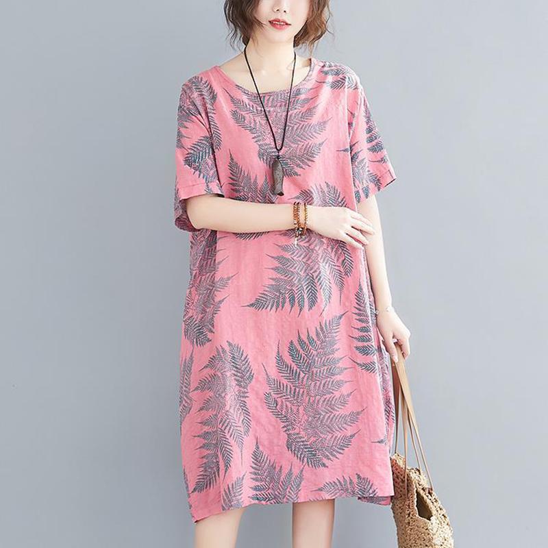 Böhmisches Damen Sommer Kurzarmkleid mit Blumendruck Lockerer lässiger ethnischer mittellanger Rock Gerader Rock Großer Rock L