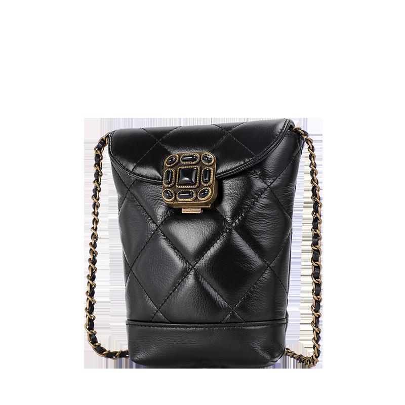 Handytasche mit Oberschicht Echtleder Handytasche für Damen Mini Kleine Tasche Vielseitige Diamantkettentasche Weiches Leder für Damen black