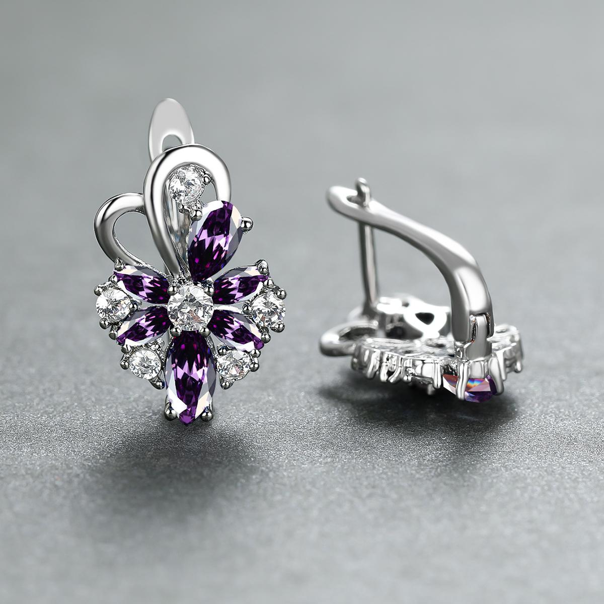 1 Paar Ohrringe mit Wassertropfenschliff, Blau, Rosa, Lila, Aqua-Stein, Blütenblätter, Blumen-Ohrringe, Blumen-Stil, Ohrclips, Schmetterlings-Ohrhänger violett/silber