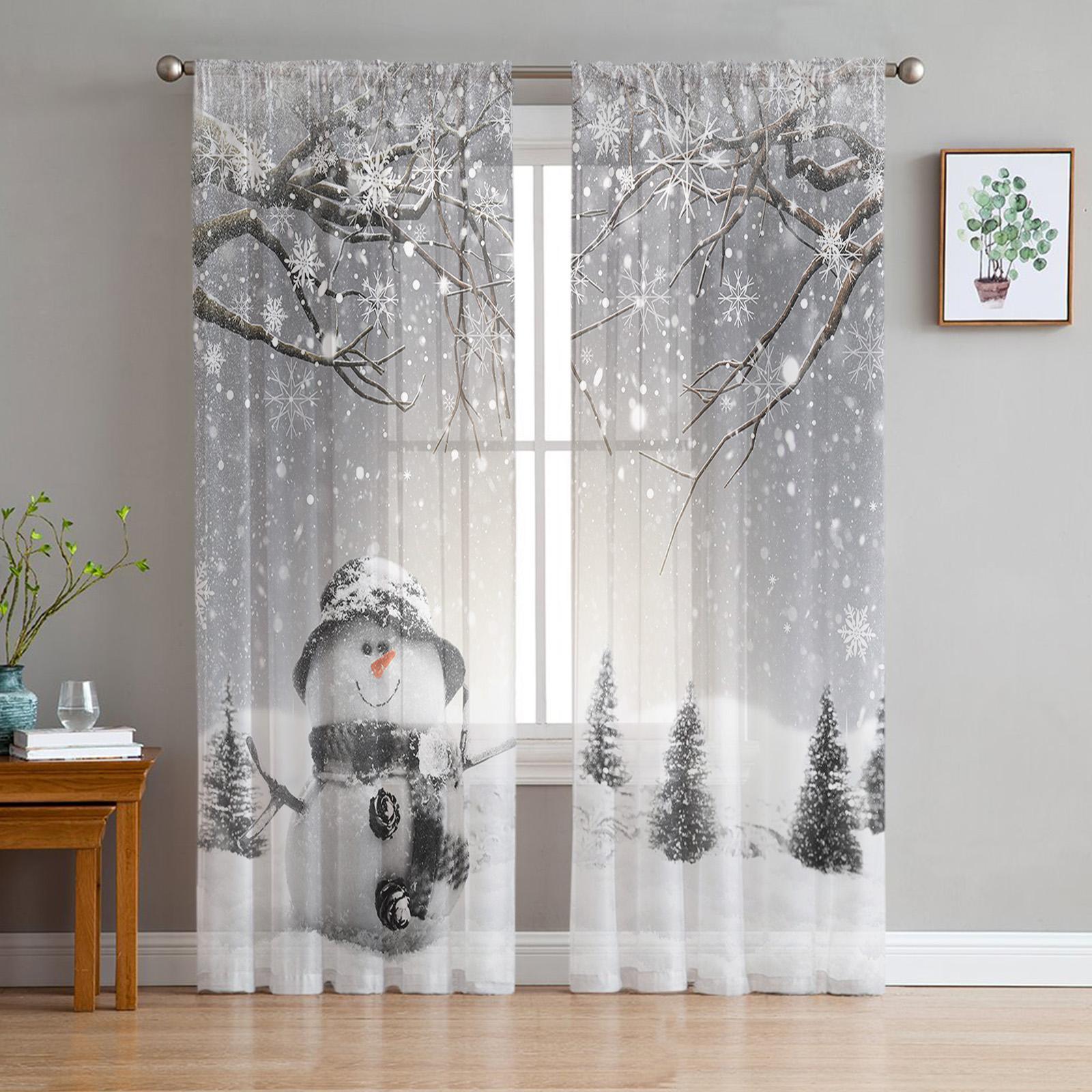 Weihnachten Winter Schneemann Schneeflocken Gardinen Weihnachten Home Dekorationen Fenster Tüll Vorhänge Für Wohnzimmer Schlafzimmer W135 x H244cm x2